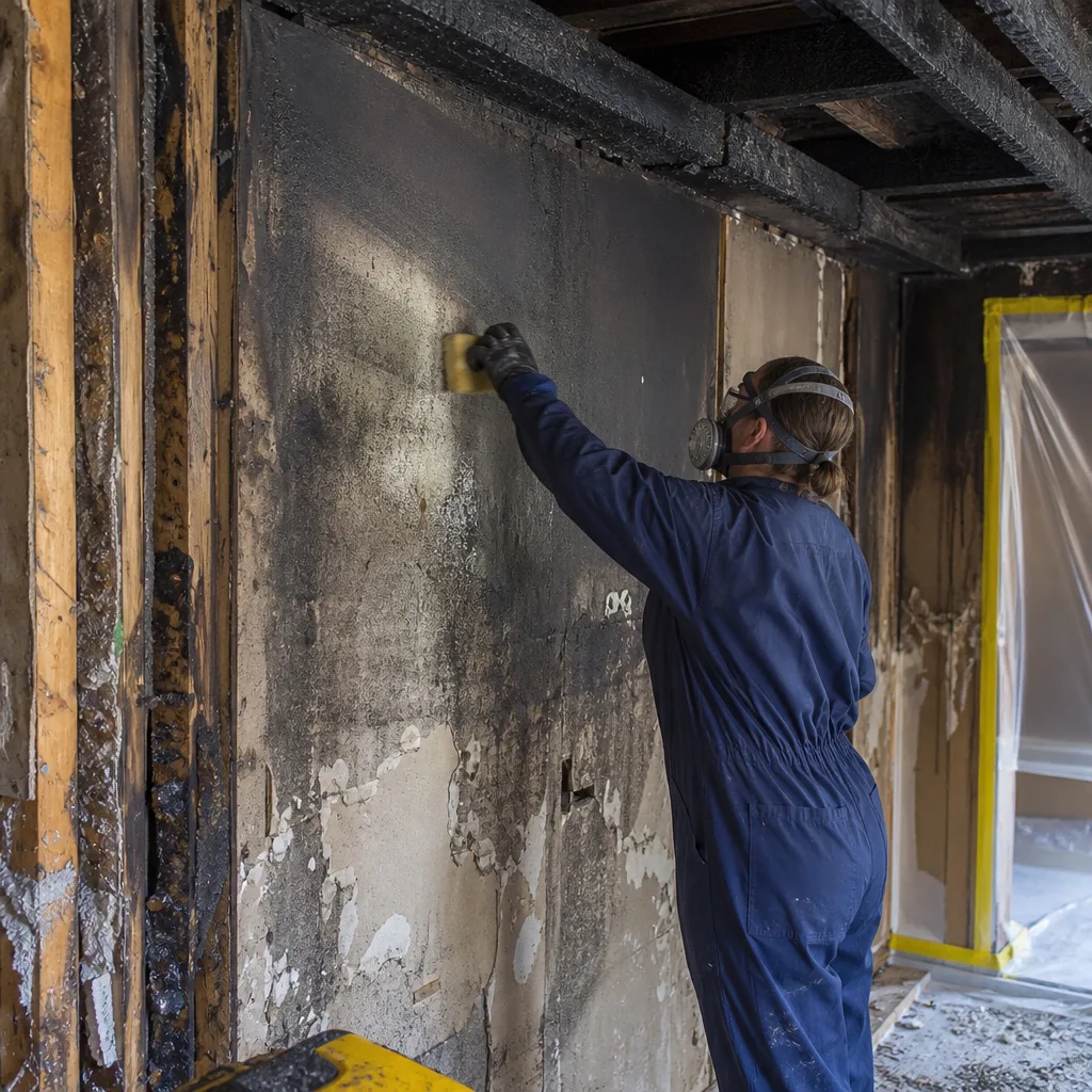 Professional performing soot removal and fire damage restoration on a wall