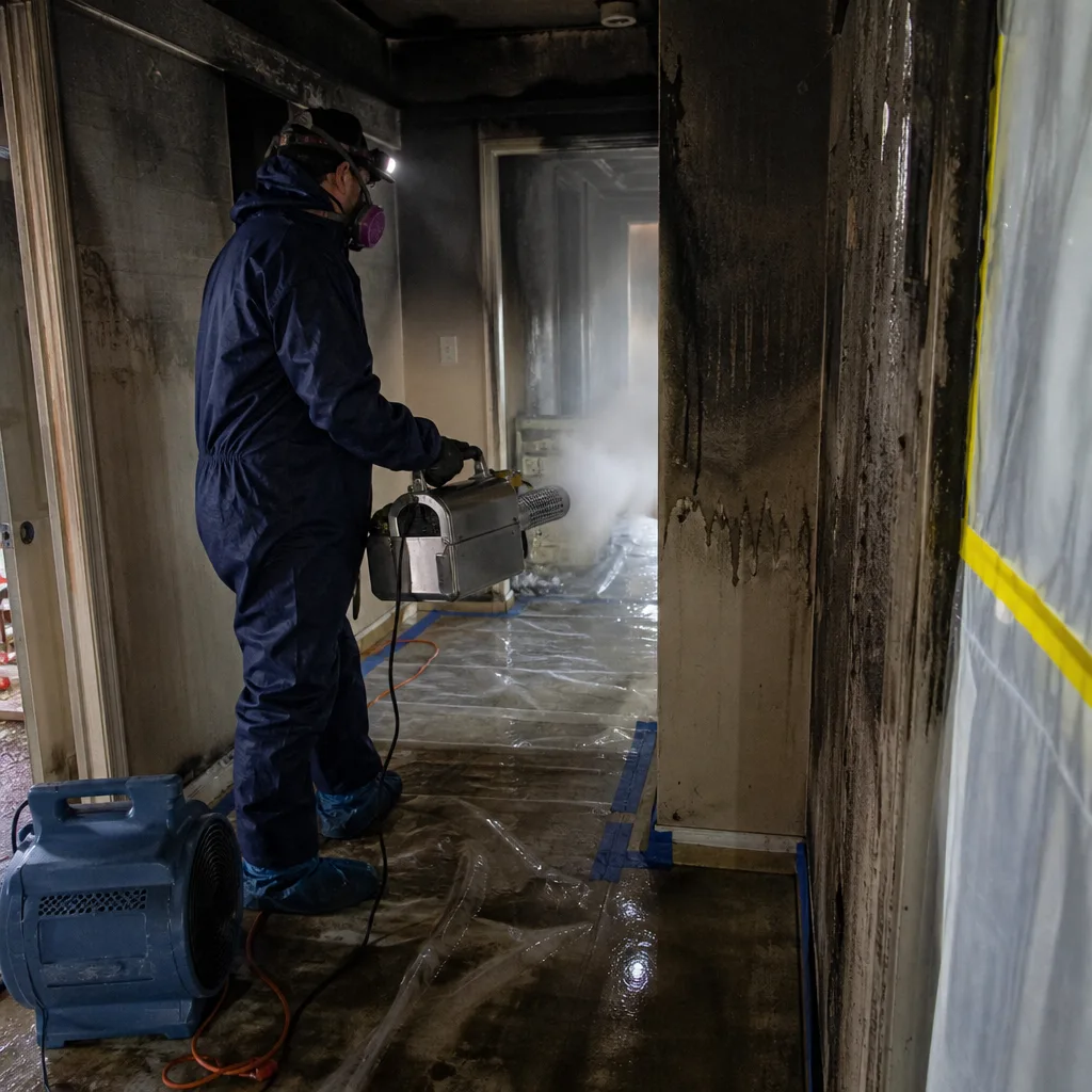 Professional fire and smoke damage restoration technician using a thermal fogger