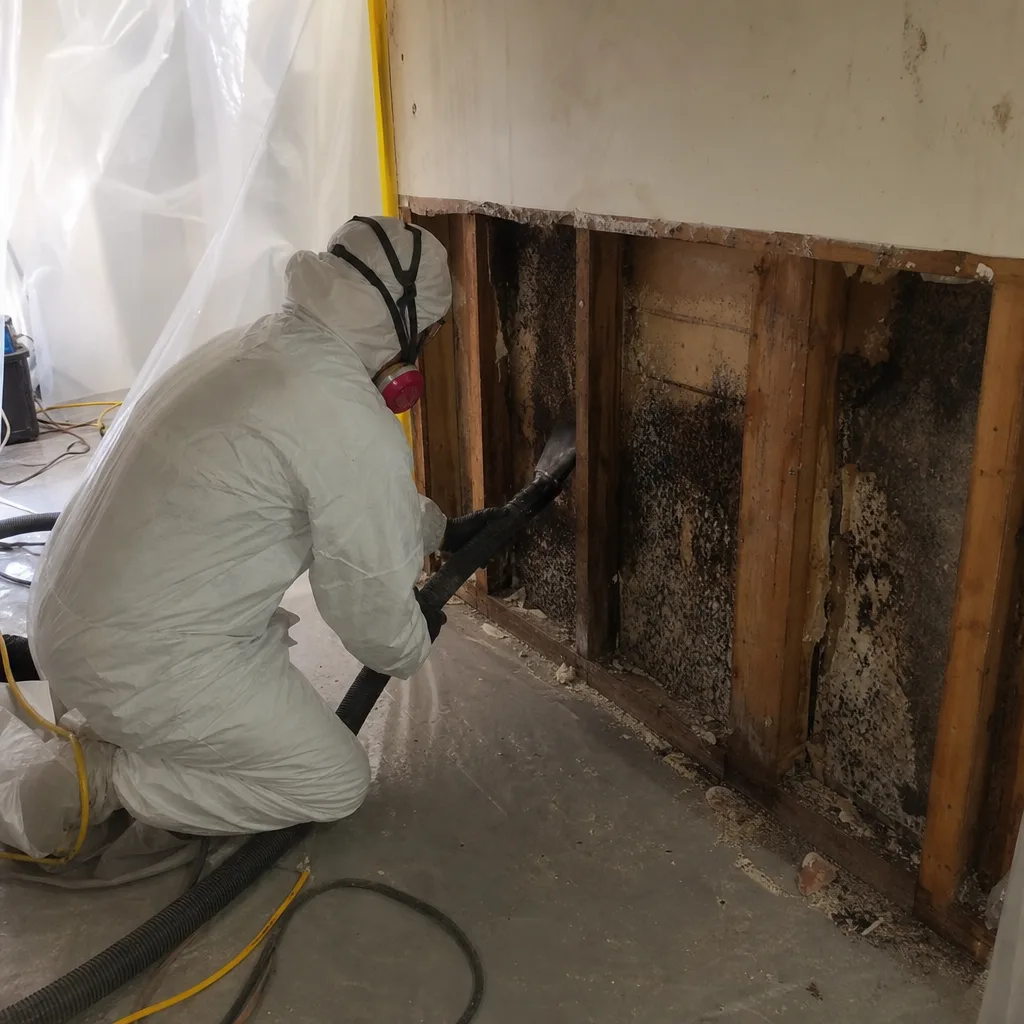 Technician in hazmat suit performing mold remediation with industrial vacuum