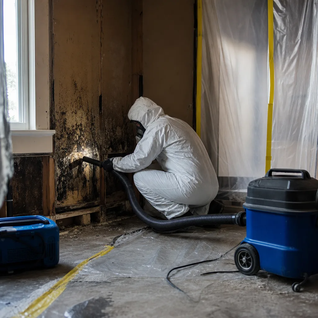 Technician in protective suit performing professional mold remediation on damaged wall
