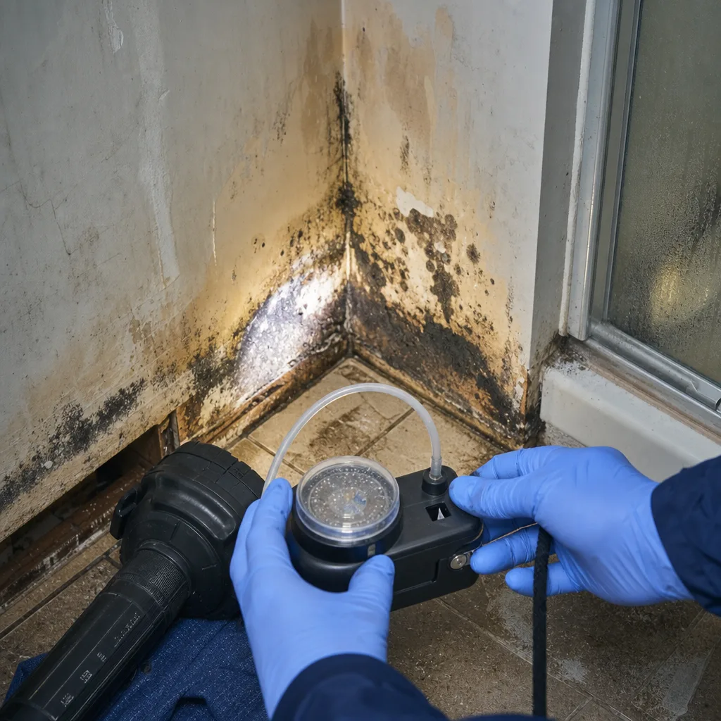 Professional technician performing mold air quality testing in a home.