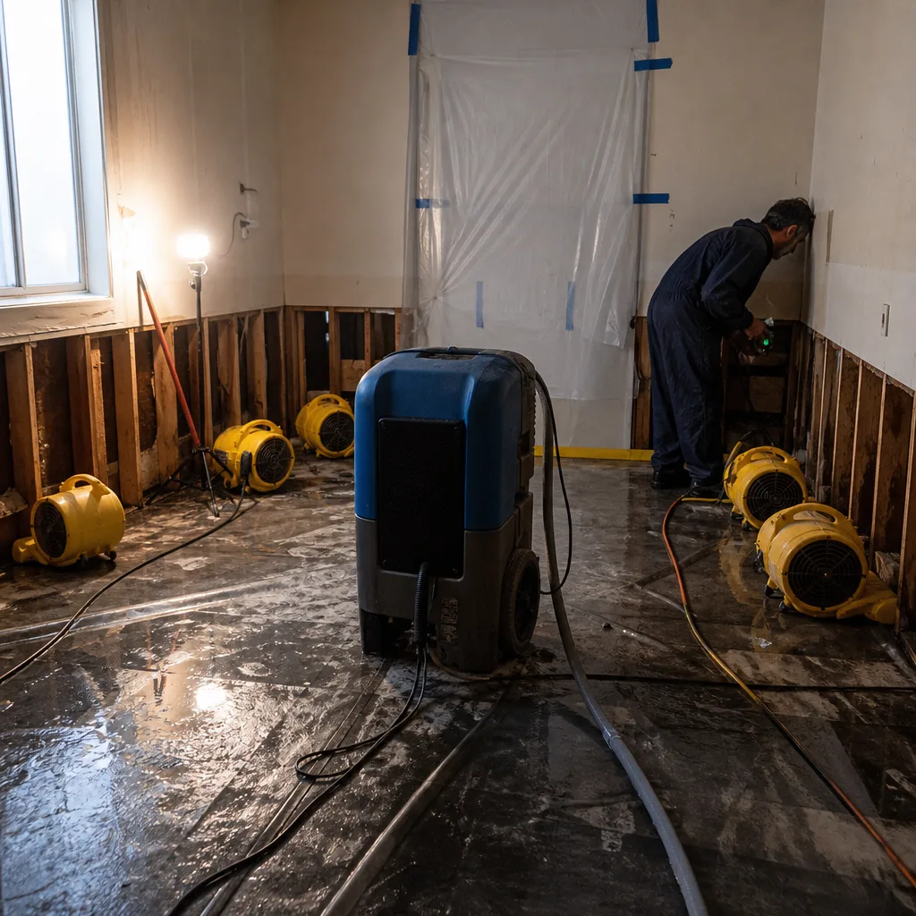 professional water damage restoration with industrial drying equipment in damaged room