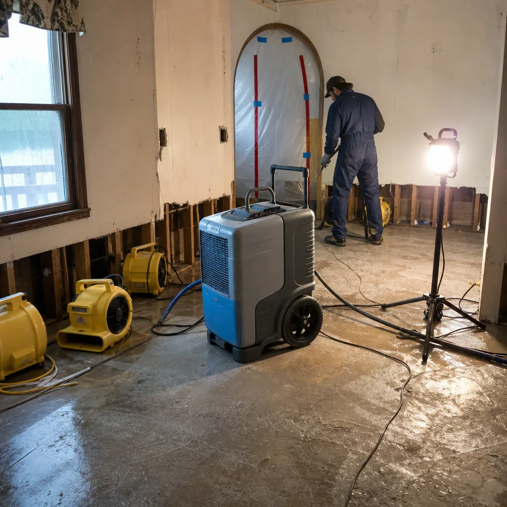 Water damage restoration professional using industrial dehumidifiers and drying equipment.
