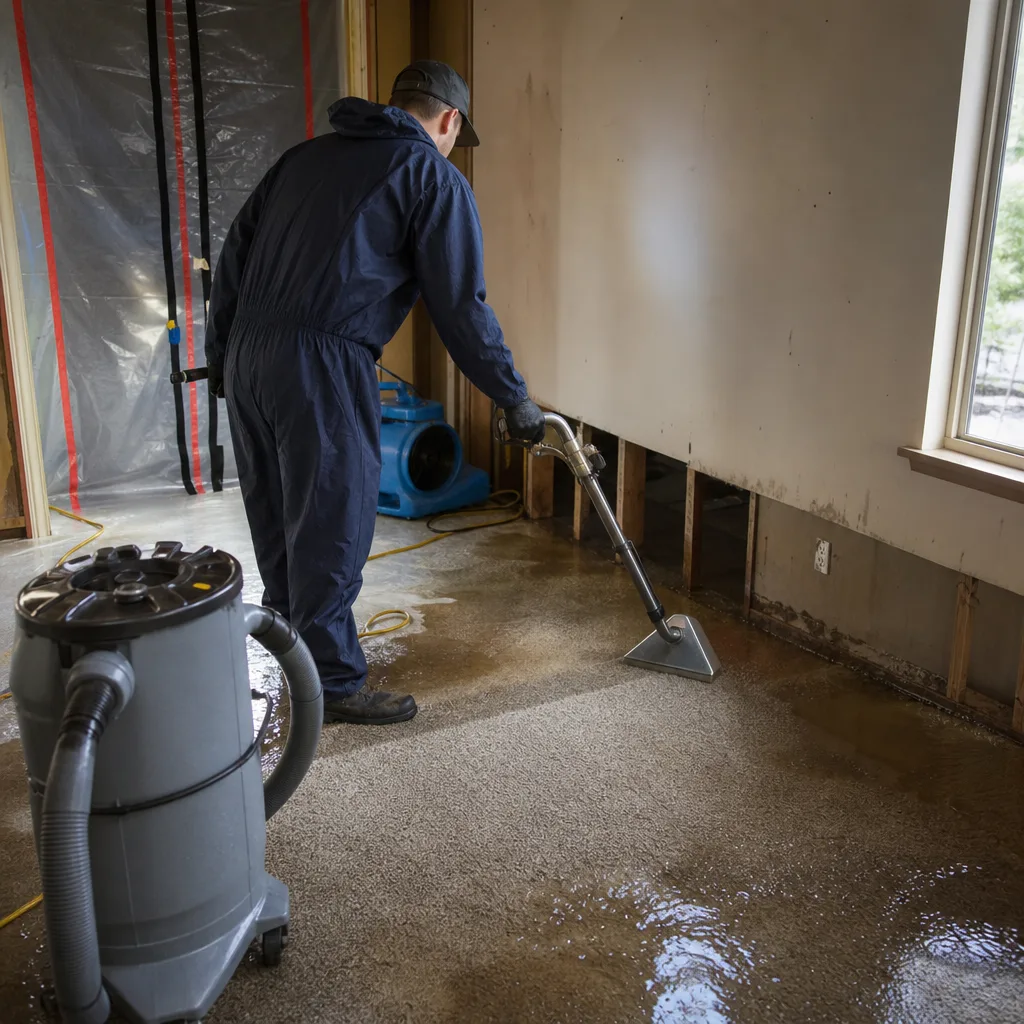 Professional restoration technician extracting water from carpet after flood damage