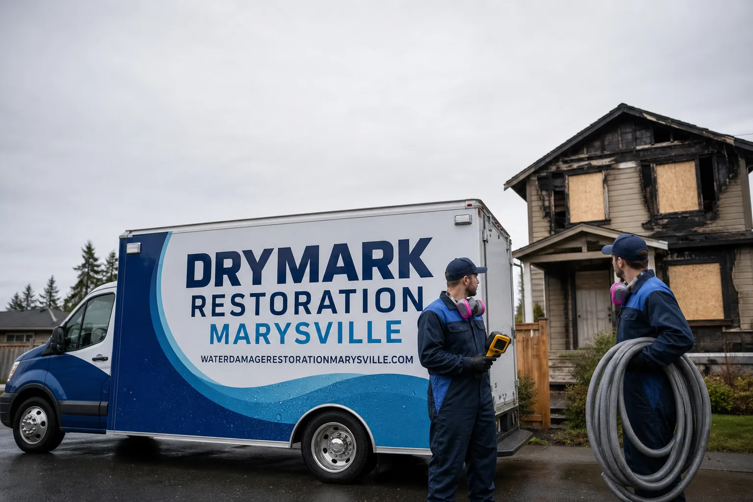 DryMark Restoration Marysville damage restoration service vehicle and crew in Marysville, WA